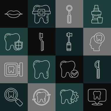 Dişçi muayenehanesi yeri, diş ipi, dişli insan kafası, kontrol aynası, diş fırçası, koruma, gülen dudaklar ve ikon. Vektör
