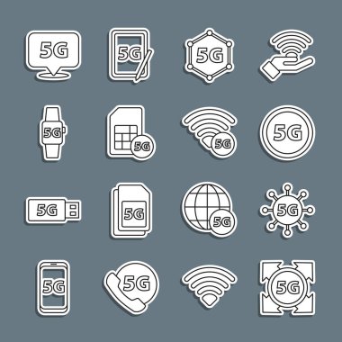 Satır 5G ağı, Sim Card, Akıllı saat, konum ve simge ayarla. Vektör
