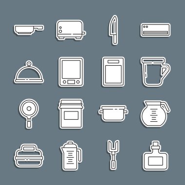 Sos şişesi, kahve fincanı, bıçak, elektronik teraziler tepsiyle kaplanmış kızartma tavası ve kesme tahtası ikonu. Vektör