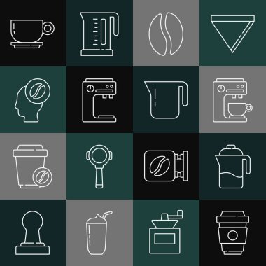 Kahve fincanını hazır et, Fransız presi, makine, fasulye, barista ve esrar ikonu. Vektör