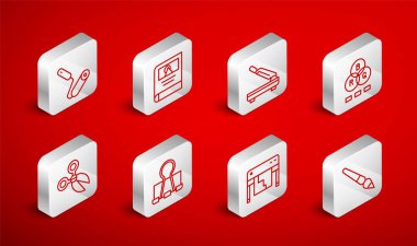 Çizgi fırçası, fotoğraf albümü galerisi, kağıt kesicisi, RGB renk karıştırma, İşaretçi, silindir, Binder klipsi ve makas simgesi. Vektör