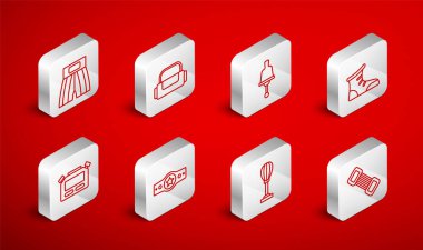 Göğüs genişletme, spor çantası, zil, boks ayakkabısı, boks, kısa boks, kemer ve Stopwatch ikonu. Vektör