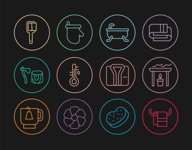 Askıya havlu, Aroma mumu, Küvet, Sauna termometresi, kütüğe tahta balta, fırça, bornoz ve eldiven simgesi koyun. Vektör