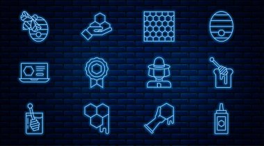 Jar of Honey, Honey Dipper, Bal peteği, madalya, çevrimiçi servis, arılar için kovan, arıcı koruma şapkası ve el ikonu. Vektör