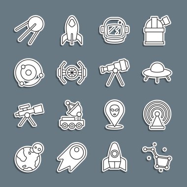 Büyük Ayı takımyıldızı, Radar, UFO uçan uzay gemisi, astronot miğferi, kozmik, güneş sistemi, uydu ve teleskop ikonu. Vektör