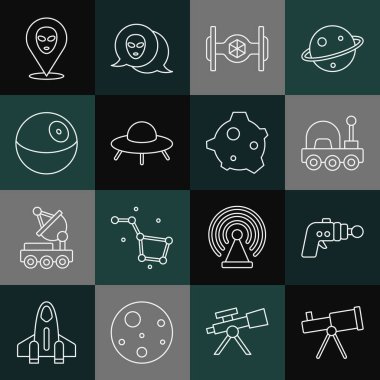 Teleskop, ışın silahı, Mars gezgini, kozmik gemi, UFO uçan uzay gemisi, Planet, Alien ve Asteroid ikonu. Vektör