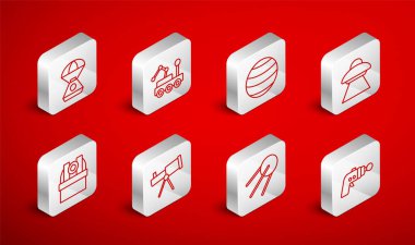 Ray silahı, Mars gezgini, Planet, UFO uçan uzay gemisi, uydu, uzay kapsülü, Teleskop ve astronomik gözlem ikonu. Vektör