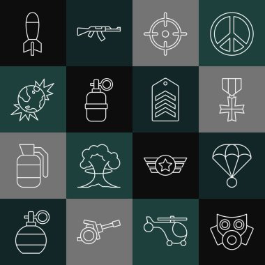 Gaz maskesi, paraşüt, askeri ödül madalyası, hedef sporu, el bombası, patlayıcı gezegen toprağı, roket fırlatıcı ve sembol. Vektör