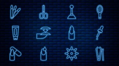 Tırnak makası, yağlı Pipette, manikür için değirmen, sahte tırnaklar, el kremi tüpü ve makas simgesi. Vektör