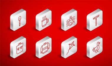 Çizgi güvercin, çay fincanı, örümcek, bahçe tırmığı, uçurtma, kürek, süveter ve okul sırt çantası ikonu. Vektör