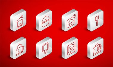 Elektrik ısıtıcısı, mutfak zamanlayıcısı, şef şapkası, barbekü spatulası, yemek kitabı, el yapımı kahve öğütücüsü, kesme tahtası ve Fransız basın ikonu. Vektör