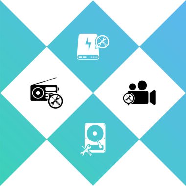 Radyo servisini, sabit disk sürücüsünü, güç bankasını ve video kamera simgesini ayarla. Vektör