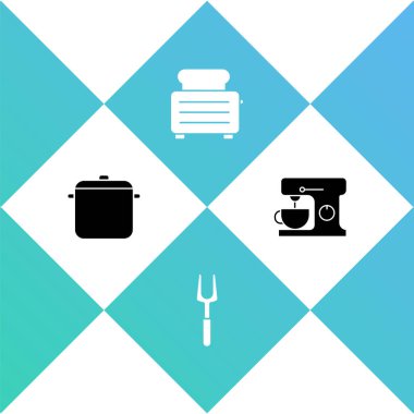 Yemek tenceresi, barbekü çatalı, tost makinası ve elektrik karıştırıcı ikonu hazırla. Vektör