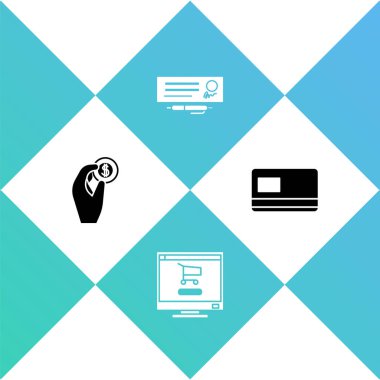 El 'e bozuk para, alışveriş arabası bilgisayarı, çek kalemi ve kredi kartı ikonu ayarla. Vektör