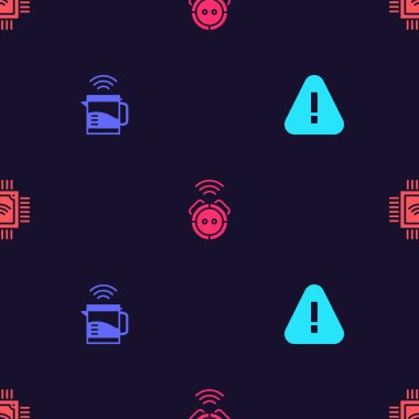 Ünlem işaretini üçgene, akıllı elektrikli su ısıtıcısına, elektrikli süpürgeye ve mikrodevreli işlemciye ayarlayın. Vektör