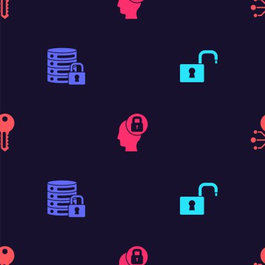 Açık asma kilit, sunucu güvenliği, insan kafası ve kripto para anahtarını kusursuz şablona ayarla. Vektör