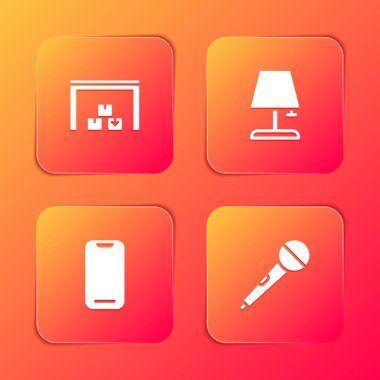 Depo, masa lambası, akıllı telefon ve mikrofon simgesini ayarla. Vektör