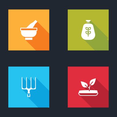 Havan topu ve tokmak, un torbası, bahçe yabası ve filizlenme ikonu. Vektör