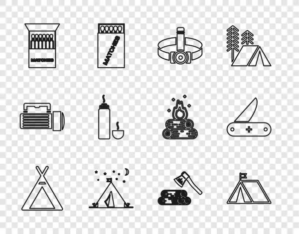 Festzelt für Touristen mit Fahne, Taschenlampe, Streichholzschachtel und Streichhölzern, Thermoskanne, Holzbeil und Schweizer Taschenmesser-Ikone. Vektor — Stockvektor