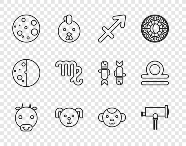 Set Linie Ochsen Tierkreis, Teleskop, Schütze, Hund, Mond, Jungfrau, Affe und Waage Symbol. Vektor — Stockvektor