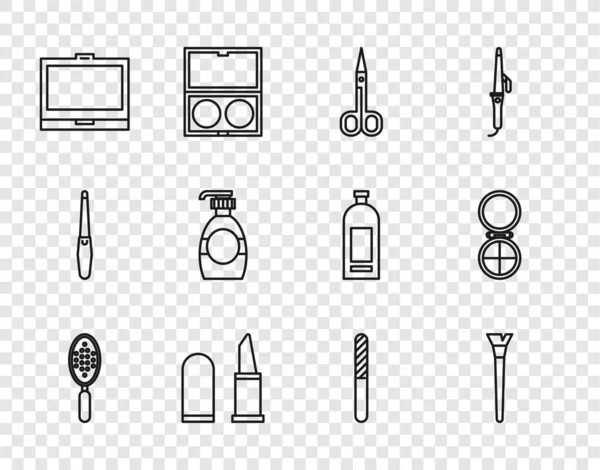 Set lijn Haarborstel, Make-up, Schaar, Lipstick, poeder met spiegel, Fles van vloeibare zeep, Nagel bestand en pictogram. Vector — Stockvector