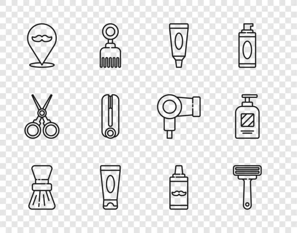 Встановіть лінію щітка для гоління, бритва, косметична трубка для кремового лосьйону, перукарня, залізо для завивання волосся, гелева піна та пляшка значка шампуню. Векторні — стоковий вектор