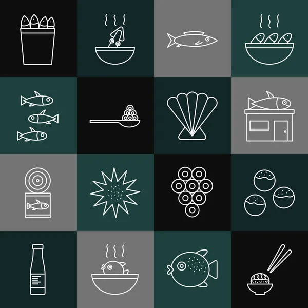 Sushi, Takoyaki, Seafood store, Fish, Caviar on spots, Fishes, fishes, fish and Scallop sea shell icon 을 배치 한다. Vector — 스톡 벡터