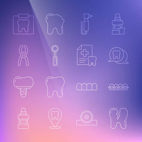 Set line Broken tooth, Teeth with braces, Tooth, drill, Dental inspection mirror, pliers, X-ray of and card icon. Vector — Stock Vector