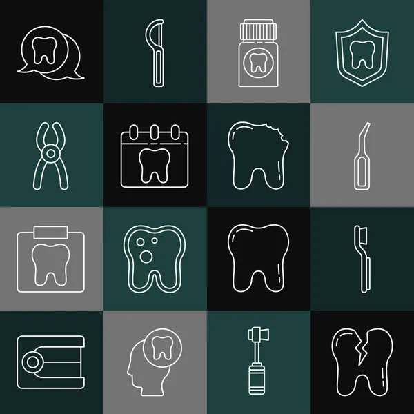 Set line Broken tooth, Toothbrush, Dental explorer scaler, Painkiller tablet, Calendar with, pliers, and icon. Vector — Stock Vector