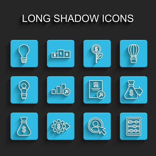 セットラインマネーバッグ、ギア付きドル、電球アイデア、アカウント画面の作成、そろばん、財務成長、ジョブプロモーションアイコン。ベクトル — ストックベクタ