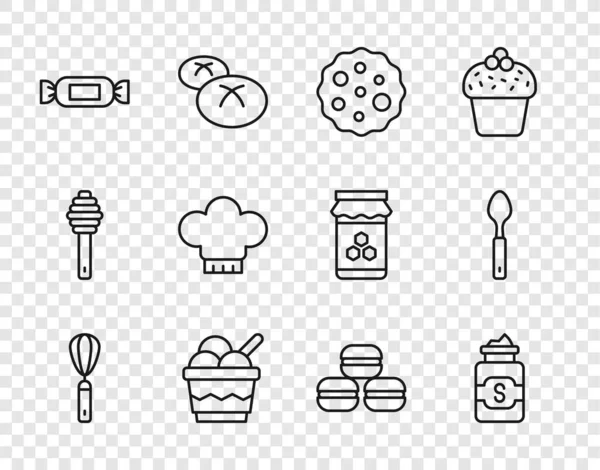 Sıra mutfak çırpıcısı, kavanoz şeker, kurabiye ya da bisküvi, kasede dondurma, Candy, Şef şapkası, Macaron kurabiyesi ve kaşık ikonu. Vektör — Stok Vektör