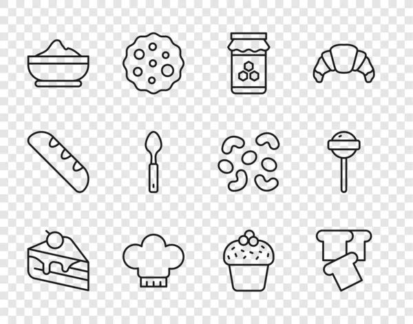 Állítsa be a sort torta, kenyérpirítós, üvegméz, séf kalap, liszt tál, kanál, torta és nyalóka ikon. Vektor — Stock Vector