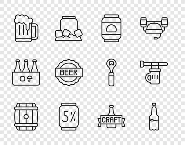 Definir linha Barril de madeira, garrafa de cerveja de plástico, lata de cerveja, caneca, tampa de garrafa com, e vidro Signboard de ícone. Vetor —  Vetores de Stock