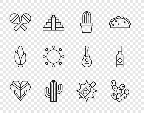 Setzeile Poncho, Kaktus oder Sukkulente im Topf, Maracas, Sonne, Tabasco-Sauce und Symbol. Vektor — Stockvektor