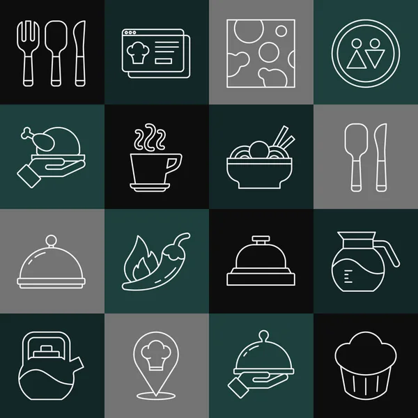 Set Cupcake, Kaffeekanne, Messer und Löffel, Käse, Tasse, Gebratener Truthahn oder Huhn, Gabel, Messer und asiatische Nudeln in Schüssel Symbol. Vektor — Stockvektor