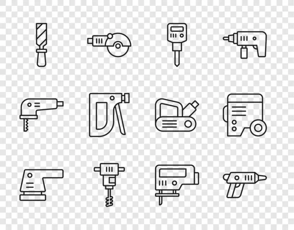 Set line Lijadora eléctrica, destornillador inalámbrico, martillo neumático de construcción, mezclador de concreto eléctrico manual, archivo de metal Rasp, grapadora, rompecabezas y generador eléctrico Power icono. Vector — Vector de stock