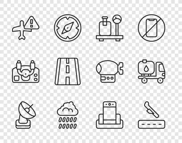 Set line Radar, Avión de aterrizaje, Escala con maleta, Lluvia nubosa, Aviones de advertencia, Pista del aeropuerto, Detector de metales del aeropuerto y Camión cisterna de combustible icono. Vector — Archivo Imágenes Vectoriales