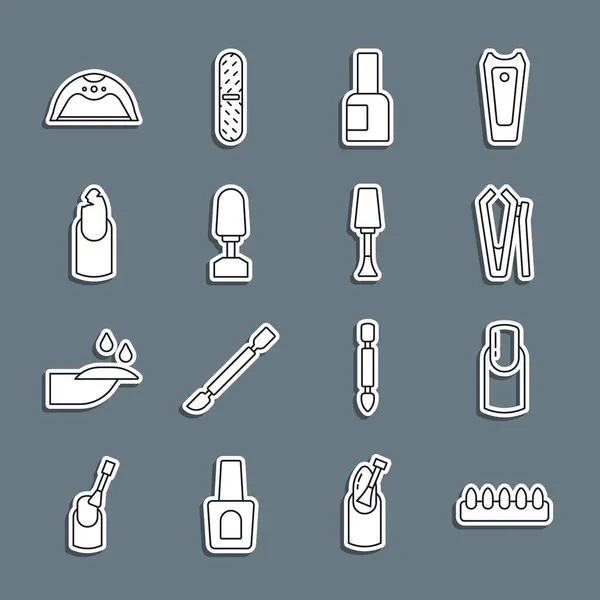 Definir linha unhas falsas, manicure prego, cortador, Garrafa de polonês, Fresagem para, quebrado, lâmpada de manicure e ícone. Vetor — Vetor de Stock
