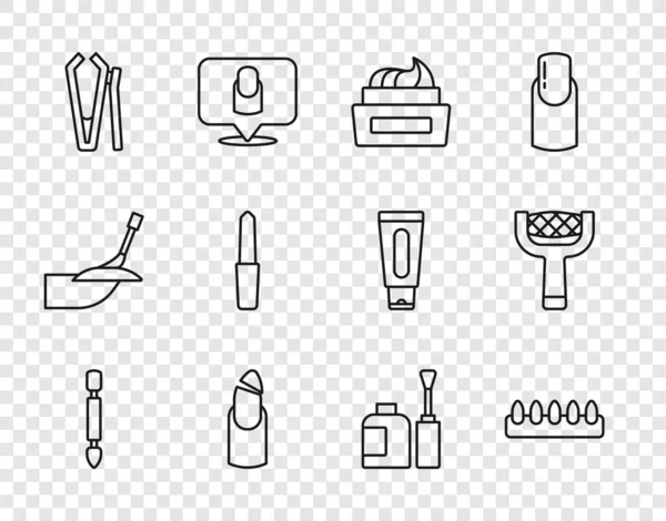 Set line Nagelriempers, Valse nagels, Fles van polish, Gebroken, Nagelknipper, bestand, en pictogram. Vector — Stockvector
