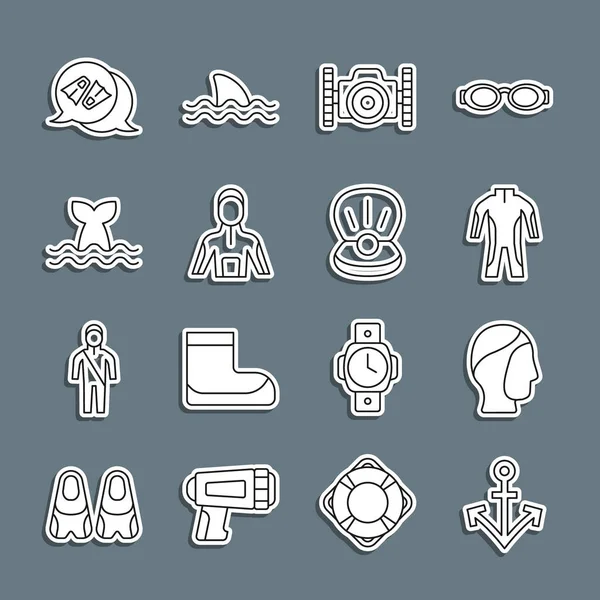 Set line Anchor, Diving hood, Wetsuit for scuba diving, Photo camera diver, Whale tail, Flippers swimming and Pearl icon. Vector — Stock Vector