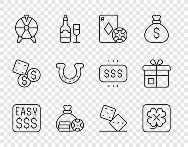 Set line Money prize in casino, Casino slot machine, chip and playing cards, bag, Lucky wheel, Horseshoe, Game dice and Gift box icon. Vector — Stock Vector