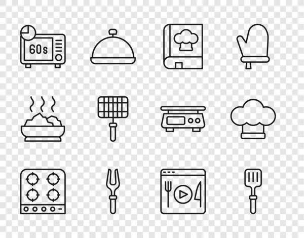 Set line Estufa de gas, Espátula barbacoa, Libro de cocina, tenedor, Horno microondas, rejilla de acero, Cocinar transmisión en vivo y Chef hat icono. Vector — Vector de stock