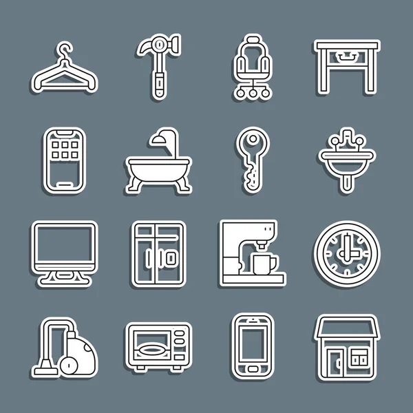 Set line House, Hodiny, umyvadlo, Kancelářská židle, Vana, Mobilní Apps, Závěsná skříň a ikona klíče. Vektor — Stockový vektor