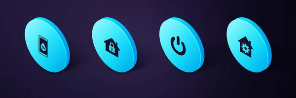 Impostare le impostazioni isometriche Smart Home, pulsante di accensione, Casa sotto protezione e umidità per l'icona intelligente. Vettore — Vettoriale Stock