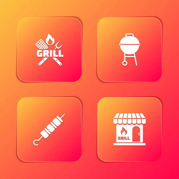 Set gekruiste vork en spatel, barbecue, gegrilde shish kebab en winkelgebouw pictogram. Vector — Stockvector