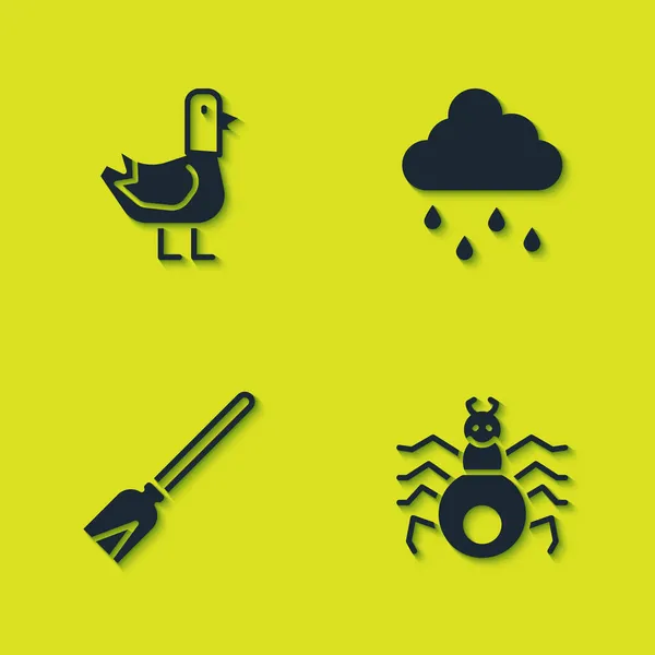 Set Colomba, ragno, manico scopa e nuvola con icona pioggia. Vettore — Vettoriale Stock
