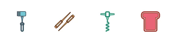 设置厨房锤，食品筷子，葡萄酒软木塞和面包图标。B.病媒 — 图库矢量图片