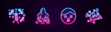 Damar yolu bakterisi, burun akışı, ilaç hapı ya da tablet. Parlayan neon ikonu. Vektör