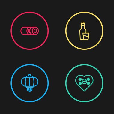 Kore feneri, sevgi, soju şişesi ve suşi ikonu. Vektör