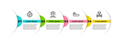 Pusula, Deniz feneri, Kargo gemisi ve Kafatası 'nı çapraz kemiklere yerleştir. Ticari bilgi şablonu. Vektör